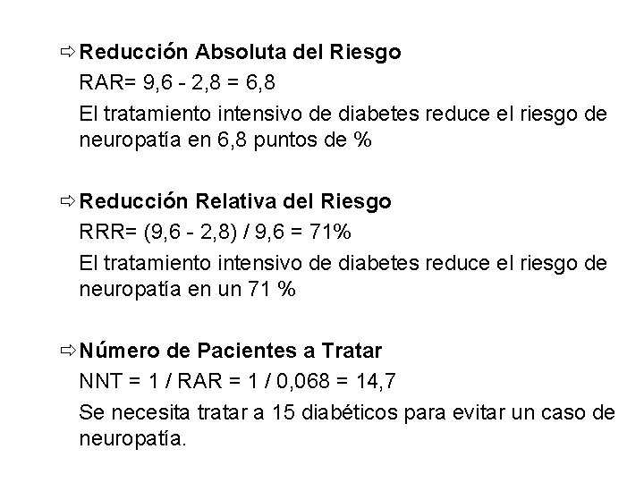 ð Reducción Absoluta del Riesgo RAR= 9, 6 - 2, 8 = 6, 8