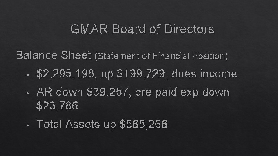 GMAR Board of Directors Balance Sheet (Statement of Financial Position) • $2, 295, 198,