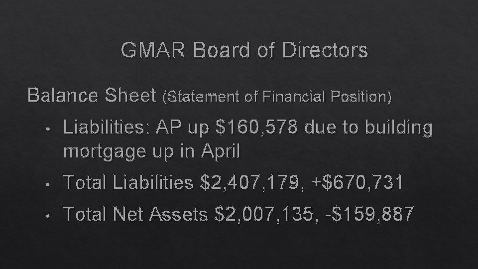 GMAR Board of Directors Balance Sheet (Statement of Financial Position) • Liabilities: AP up