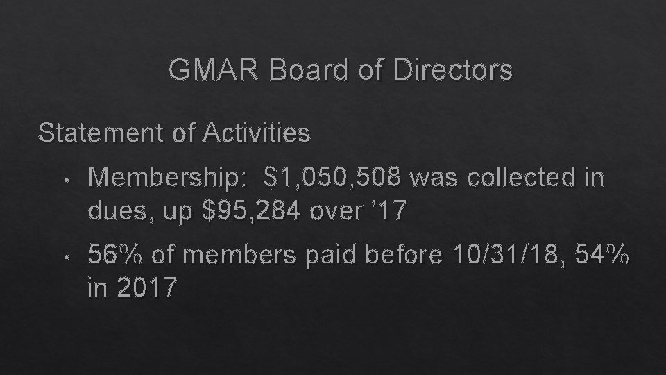 GMAR Board of Directors Statement of Activities • Membership: $1, 050, 508 was collected