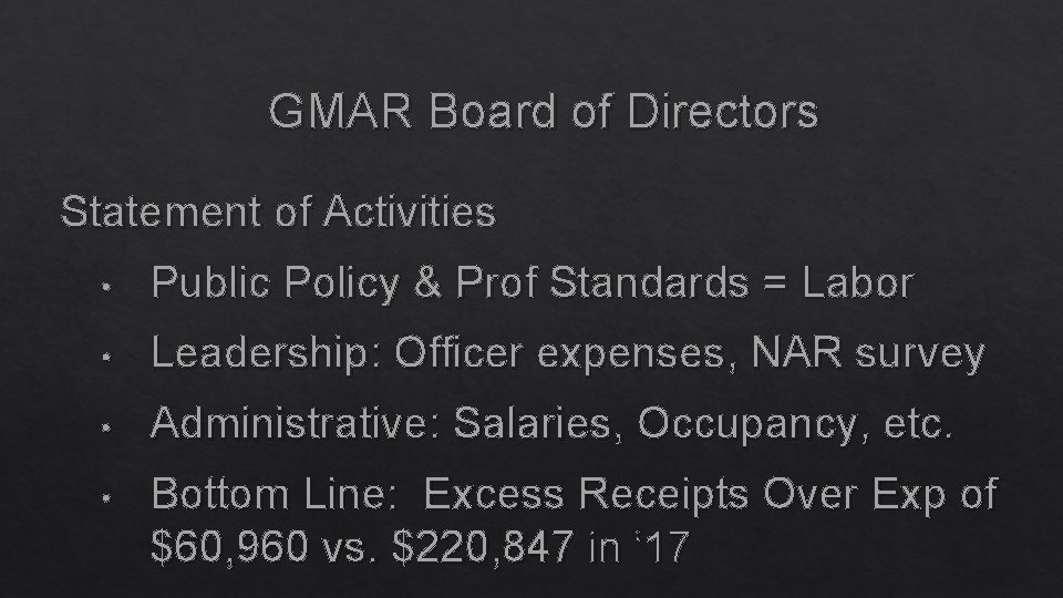 GMAR Board of Directors Statement of Activities • Public Policy & Prof Standards =