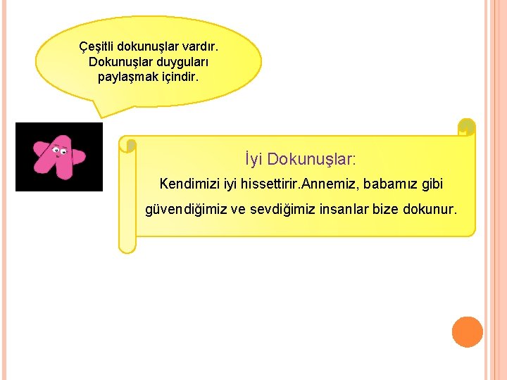 Çeşitli dokunuşlar vardır. Dokunuşlar duyguları paylaşmak içindir. İyi Dokunuşlar: Kendimizi iyi hissettirir. Annemiz, babamız