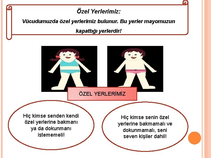 Özel Yerlerimiz: Vücudumuzda özel yerlerimiz bulunur. Bu yerler mayomuzun kapattığı yerlerdir! ÖZEL YERLERİMİZ Hiç