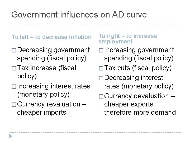 Government influences on AD curve To left – to decrease inflation To right –