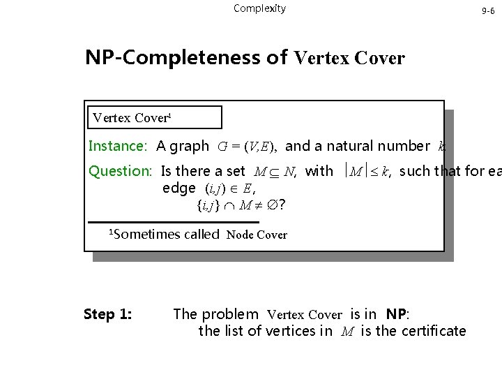 Complexity 9 -6 NP-Completeness of Vertex Cover¹ Instance: A graph G = (V, E),