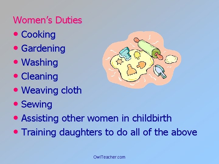 Women’s Duties • Cooking • Gardening • Washing • Cleaning • Weaving cloth •