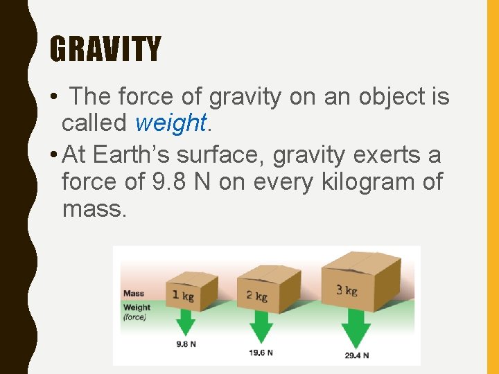 GRAVITY • The force of gravity on an object is called weight. • At