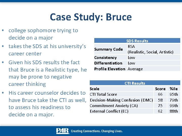 Case Study: Bruce • college sophomore trying to decide on a major • takes