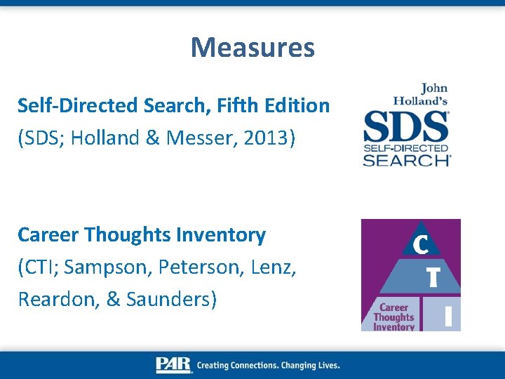 Measures Self-Directed Search, Fifth Edition (SDS; Holland & Messer, 2013) Career Thoughts Inventory (CTI;