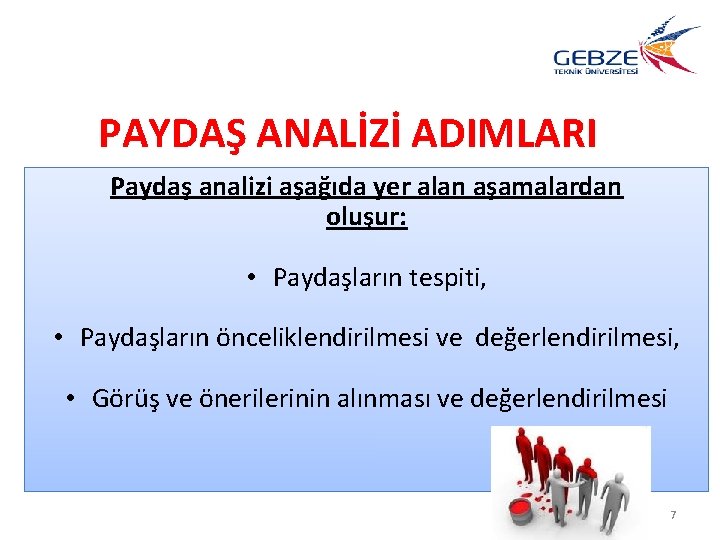 PAYDAŞ ANALİZİ ADIMLARI Paydaş analizi aşağıda yer alan aşamalardan oluşur: • Paydaşların tespiti, •