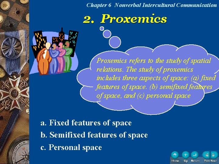 Chapter 6 Nonverbal Intercultural Communication 2. Proxemics refers to the study of spatial relations.