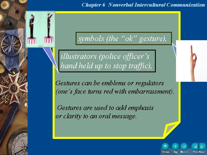Chapter 6 Nonverbal Intercultural Communication symbols (the “ok” gesture), illustrators (police officer’s hand held