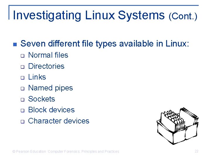 Investigating Linux Systems (Cont. ) n Seven different file types available in Linux: q