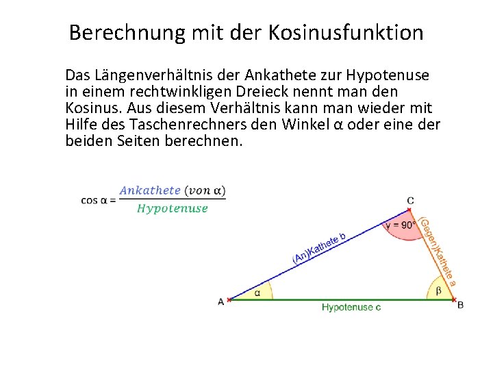Berechnung mit der Kosinusfunktion Das Längenverhältnis der Ankathete zur Hypotenuse in einem rechtwinkligen Dreieck