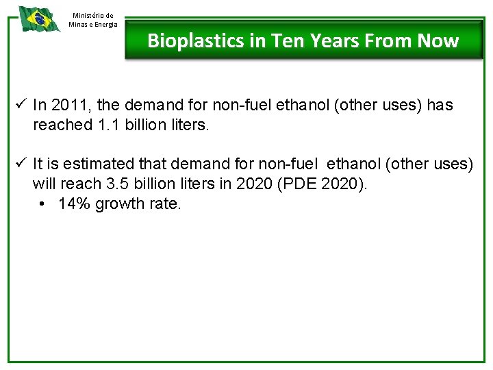 Ministério de Minas e Energia Bioplastics in Ten Years From Now ü In 2011,