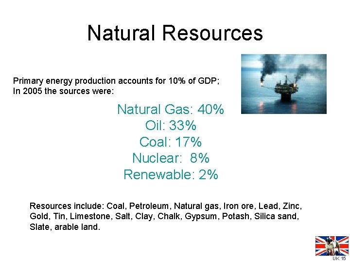 Natural Resources Primary energy production accounts for 10% of GDP; In 2005 the sources