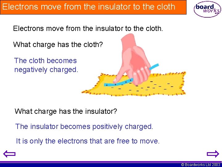 Electrons move from the insulator to the cloth. What charge has the cloth? The