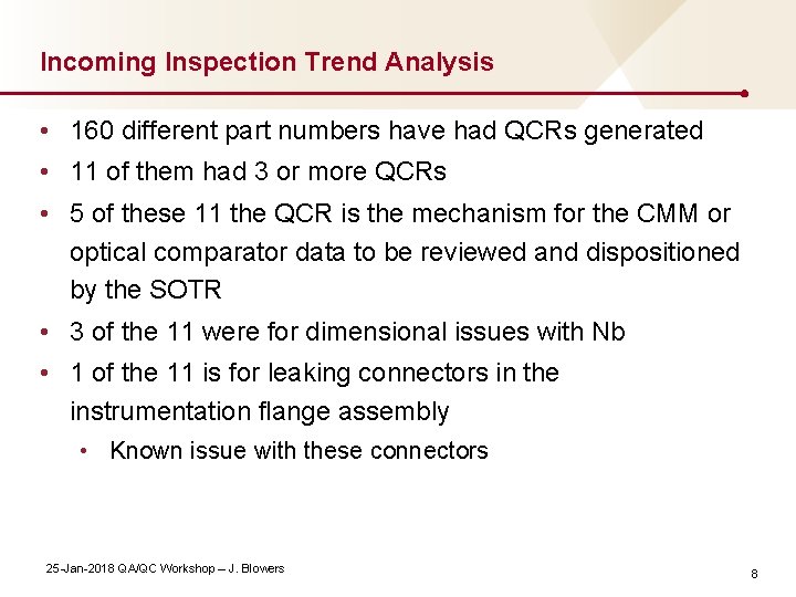 Incoming Inspection Trend Analysis • 160 different part numbers have had QCRs generated •