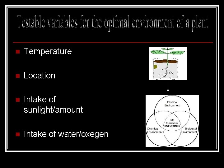 n Temperature n Location n Intake of sunlight/amount n Intake of water/oxegen 