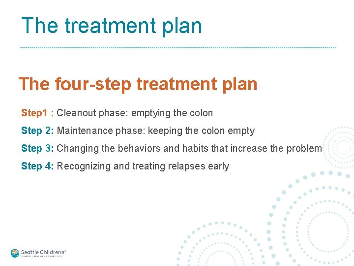 The treatment plan The four-step treatment plan Step 1 : Cleanout phase: emptying the