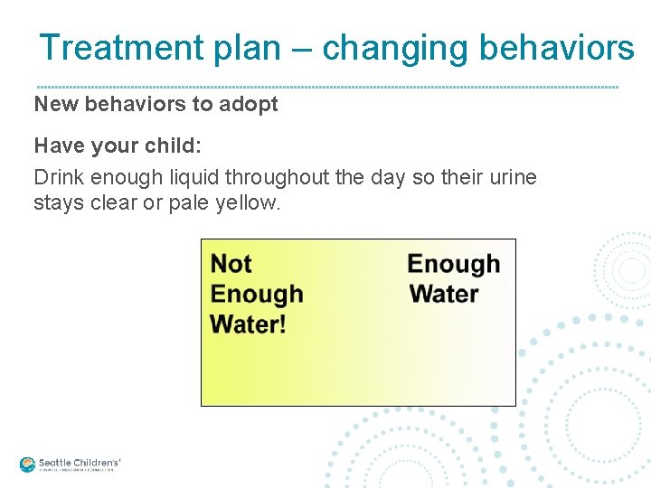 Treatment plan – changing behaviors New behaviors to adopt Have your child: Drink enough