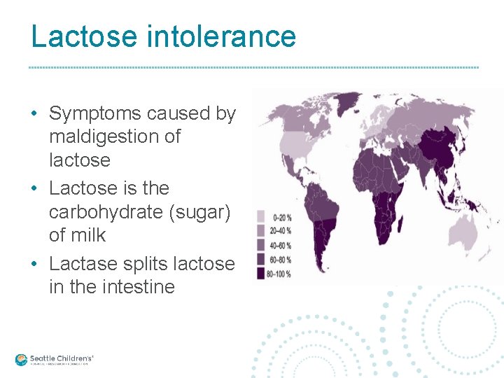 Lactose intolerance • Symptoms caused by maldigestion of lactose • Lactose is the carbohydrate