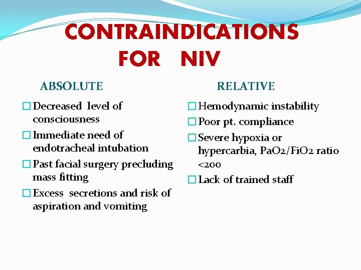 CONTRAINDICATIONS FOR NIV ABSOLUTE �Decreased level of consciousness �Immediate need of endotracheal intubation �Past