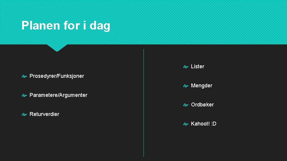 Planen for i dag Lister Prosedyrer/Funksjoner Mengder Parametere/Argumenter Ordbøker Returverdier Kahoot! : D 