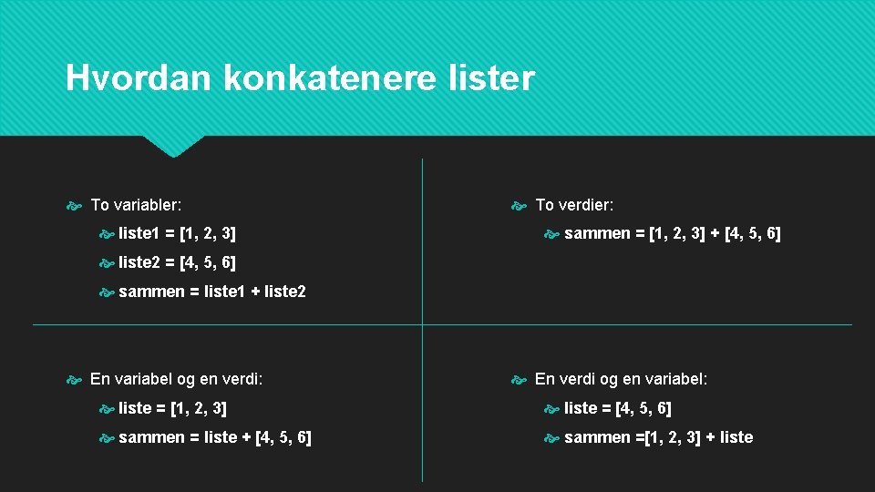 Hvordan konkatenere lister To variabler: liste 1 = [1, 2, 3] To verdier: sammen