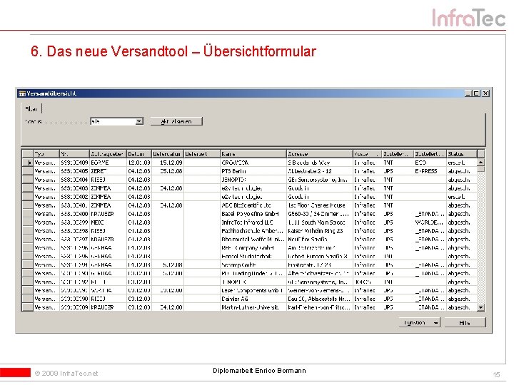 6. Das neue Versandtool – Übersichtformular © 2009 Infra. Tec. net Diplomarbeit Enrico Bormann