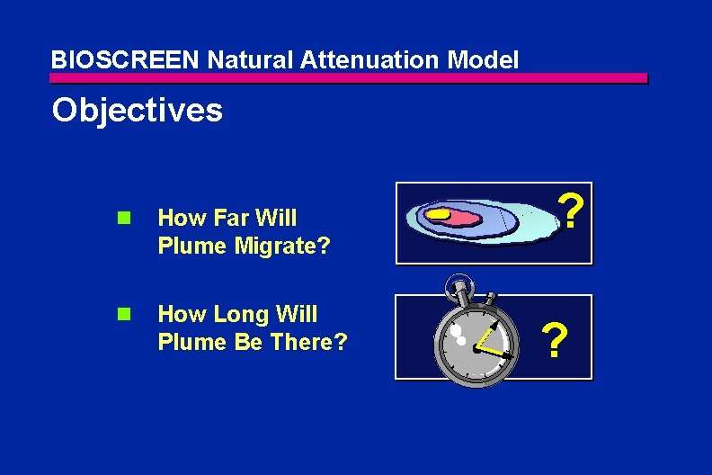 BIOSCREEN Natural Attenuation Model Objectives How Far Will Plume Migrate? How Long Will Plume BIOSCREEN Natural Attenuation Model Objectives How Far Will Plume Migrate? How Long Will Plume