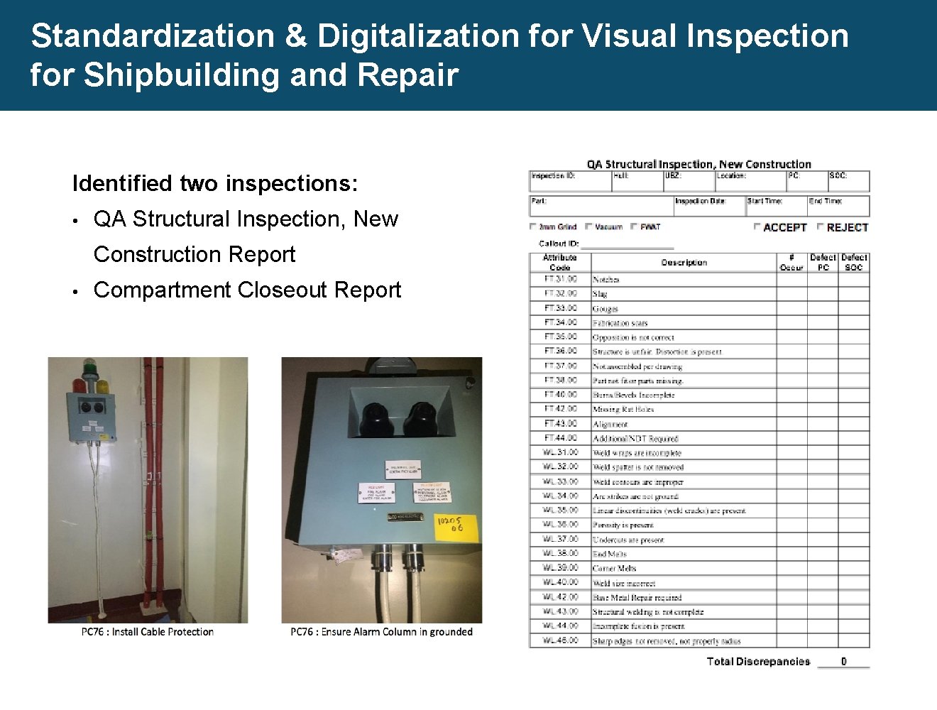 Standardization & Digitalization for Visual Inspection for Shipbuilding and Repair Identified two inspections: • Standardization & Digitalization for Visual Inspection for Shipbuilding and Repair Identified two inspections: •