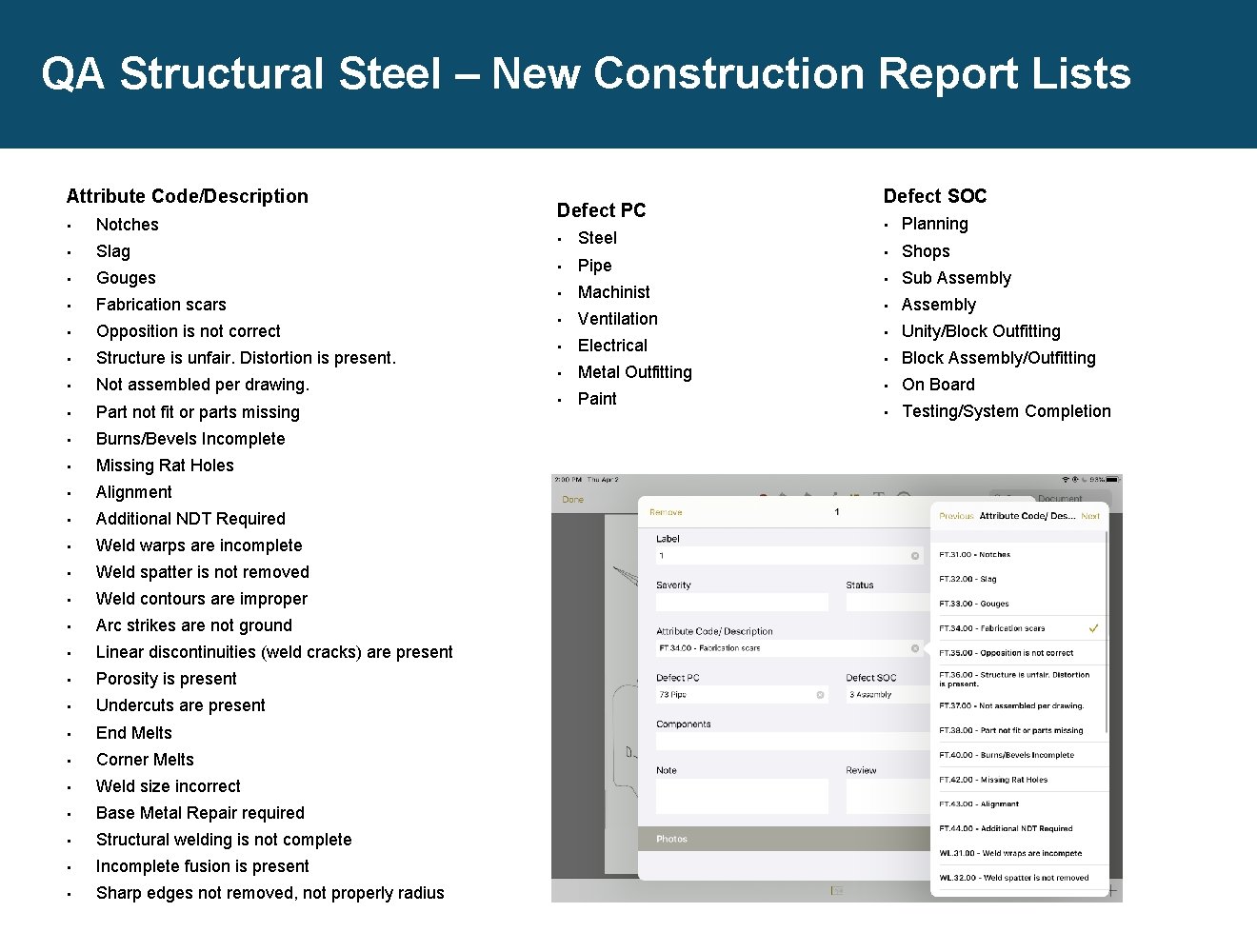 QA Structural Steel – New Construction Report Lists Attribute Code/Description • Notches • Slag QA Structural Steel – New Construction Report Lists Attribute Code/Description • Notches • Slag