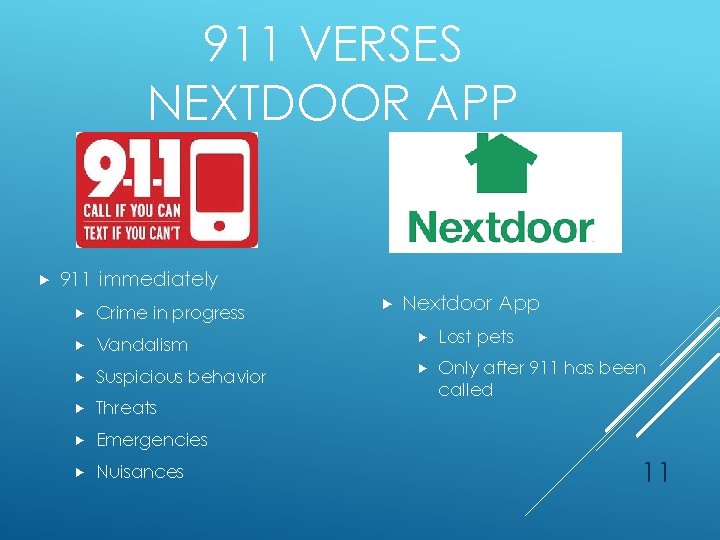 911 VERSES NEXTDOOR APP 911 immediately Nextdoor App Crime in progress Vandalism Lost pets