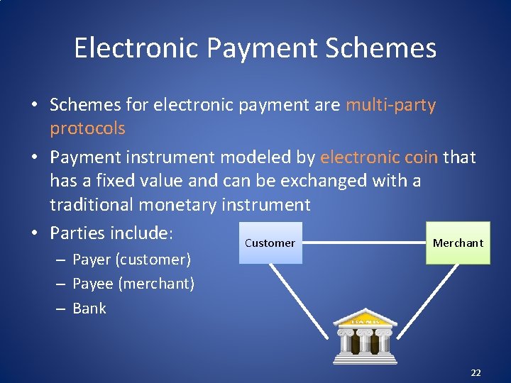 Electronic Payment Schemes • Schemes for electronic payment are multi-party protocols • Payment instrument