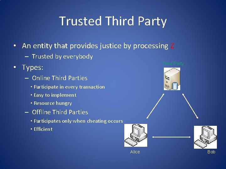Trusted Third Party • An entity that provides justice by processing Z – Trusted
