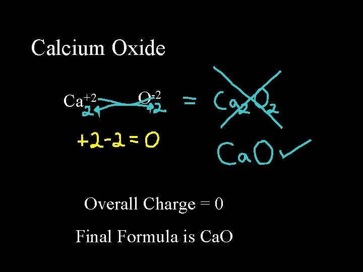 Calcium Oxide Ca+2 O-2 Overall Charge = 0 Final Formula is Ca. O 