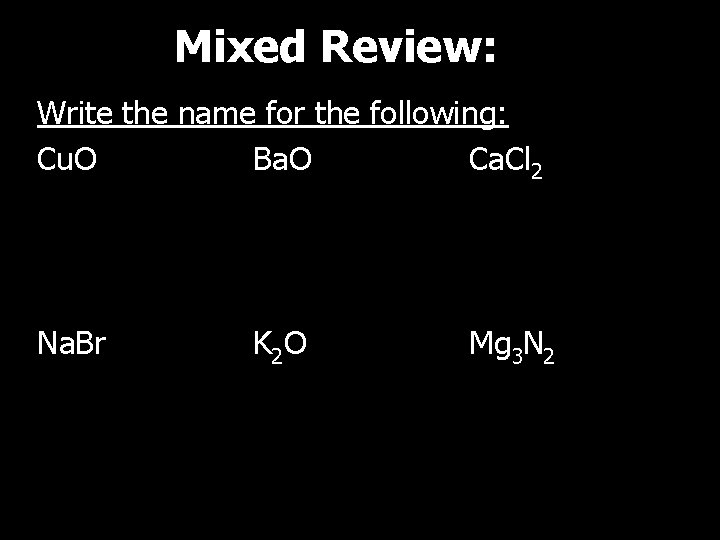 Mixed Review: Write the name for the following: Cu. O Ba. O Ca. Cl