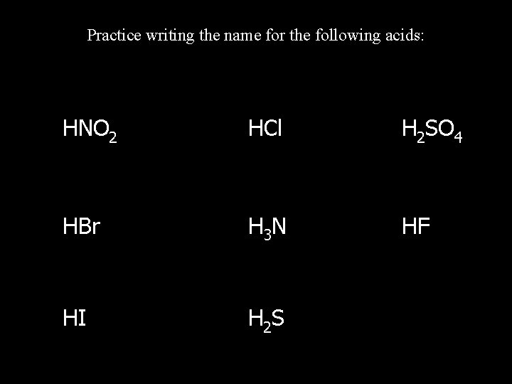 Practice writing the name for the following acids: Practice: HNO 2 HCl H 2