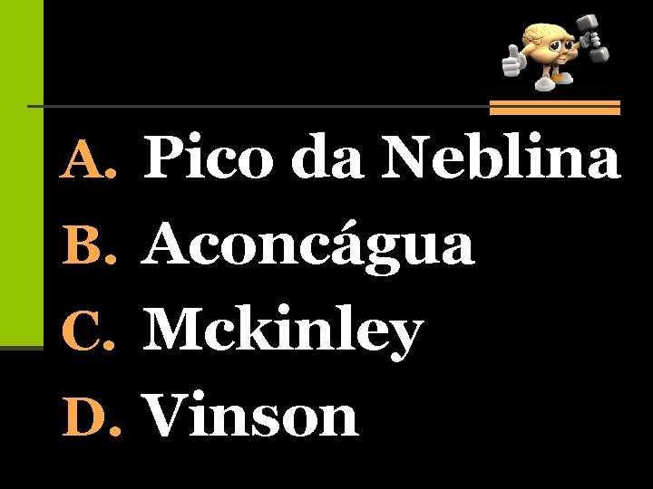 A. Pico da Neblina B. Aconcágua C. Mckinley D. Vinson 