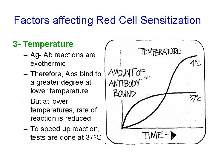 Factors affecting Red Cell Sensitization 3 - Temperature – Ag- Ab reactions are exothermic