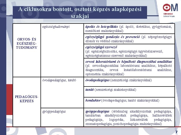 A ciklusokra bontott, osztott képzés alapképzési szakjai egészségtudományi ápolás és betegellátás (pl. ápoló, dietetikus,