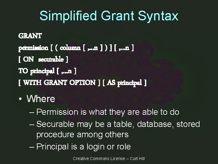 Simplified Grant Syntax GRANT permission [ ( column [ , . . . n