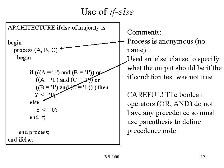 Use of if-else ARCHITECTURE ifelse of majority is begin process (A, B, C) begin