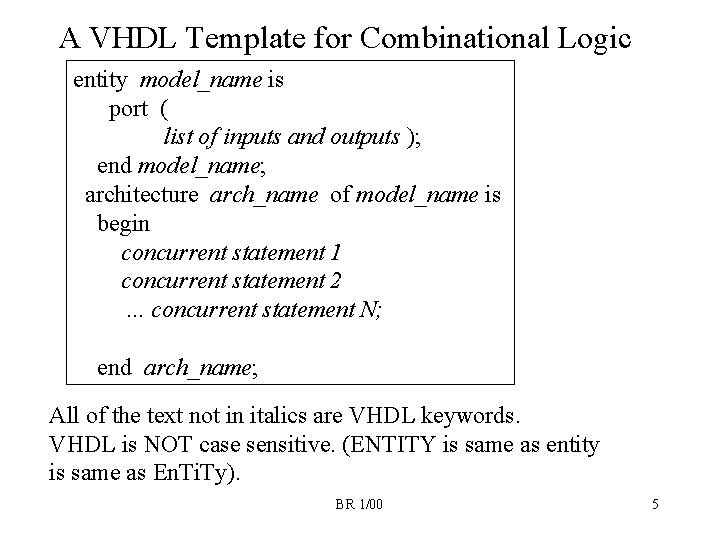 A VHDL Template for Combinational Logic entity model_name is port ( list of inputs