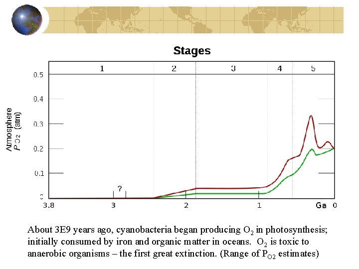About 3 E 9 years ago, cyanobacteria began producing O 2 in photosynthesis; initially