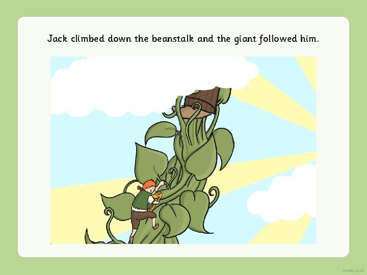 Jack climbed down the beanstalk and the giant followed him. 