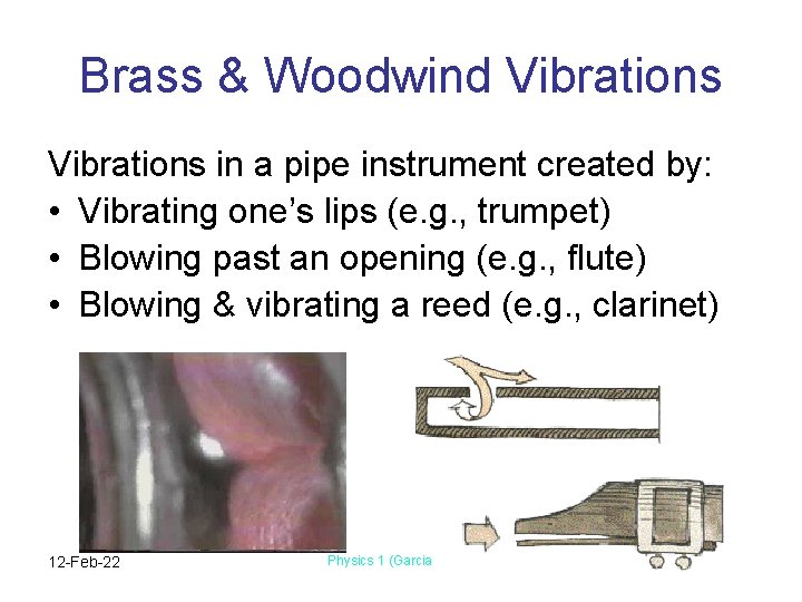 Brass & Woodwind Vibrations in a pipe instrument created by: • Vibrating one’s lips