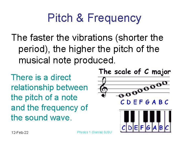 Pitch & Frequency The faster the vibrations (shorter the period), the higher the pitch