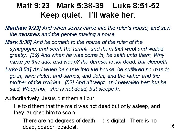 Matt 9: 23 Mark 5: 38 -39 Luke 8: 51 -52 Keep quiet. I’ll